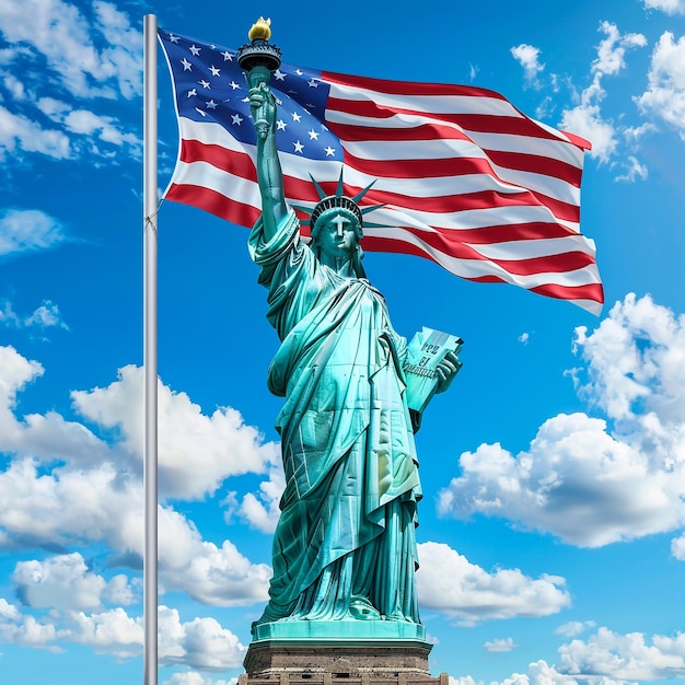 a statue of liberty with a flag in the background