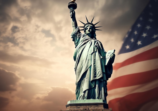 Statue of liberty with a flag in the background