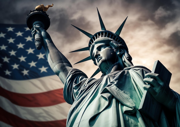 Statue of liberty with a flag in the background