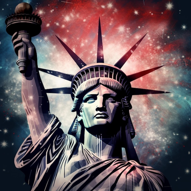 A statue of liberty with a red and blue background.