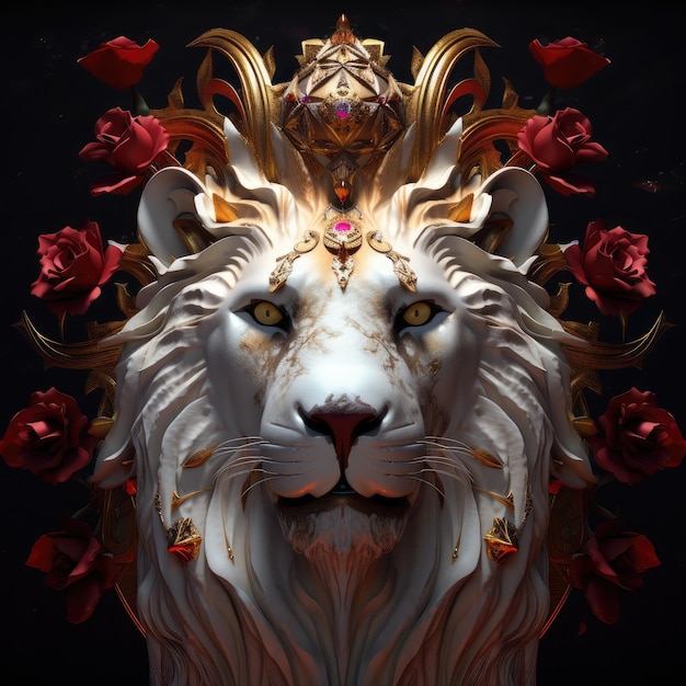 Statue of a lion decorated with a crown and roses generative ai