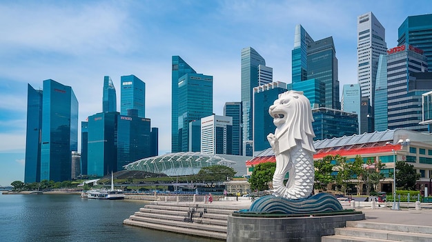 Photo a statue of a lion is in front of a city skyline