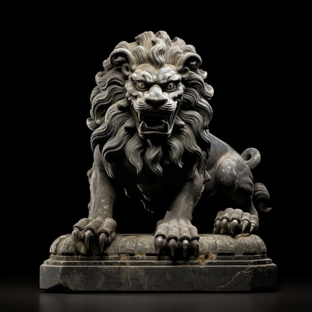 A statue of a lion is sitting on top of a black pedestal