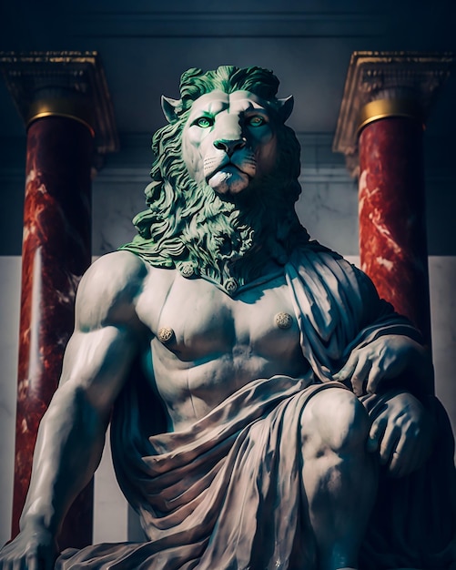 A statue of a lion with a green mane and a green mane