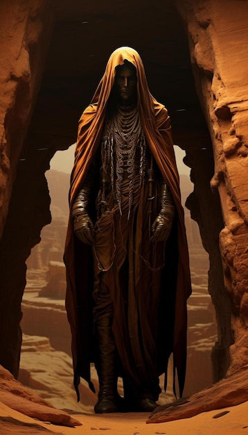 a statue of a man in a cave with a red cloak.