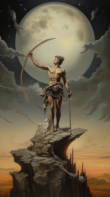 Photo a statue of a man holding a bow and arrow pointing to the sky