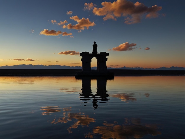 Photo a statue of a man is standing in a lake with clouds in the sky