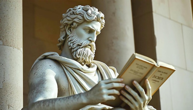 a statue of a man reading a book with the title the bible on it