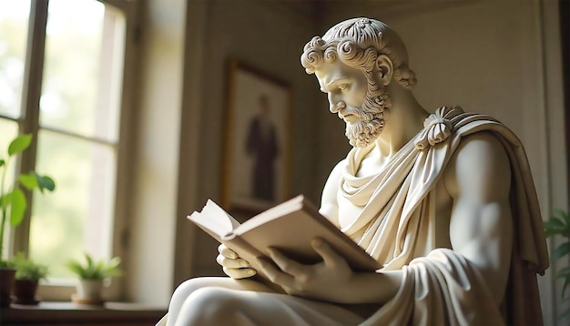 a statue of a man reading a book with the words god on it