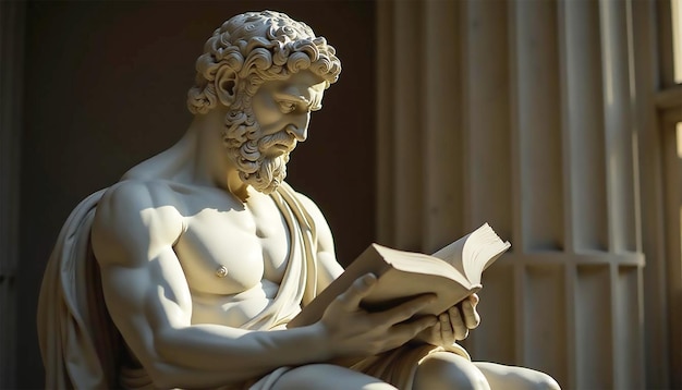 a statue of a man reading a book with the words god on the top