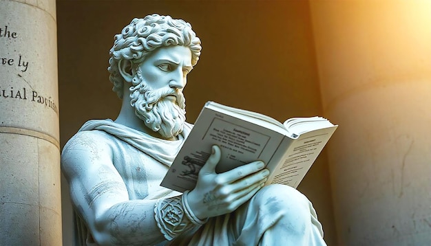 Photo a statue of a man reading a book with the words god on the top