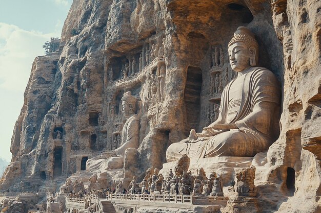 a statue of a man sits in front of a building with a statue of buddha