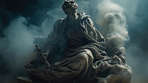 A statue of a man in a smokey background