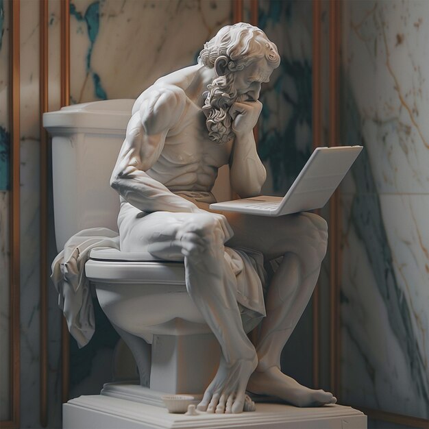 Photo a statue of a man using a laptop computer