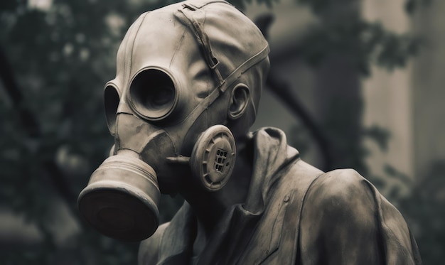 A statue of a man wearing a gas mask