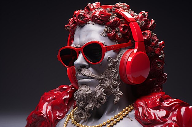 a statue of a man wearing red headphones and sunglasses