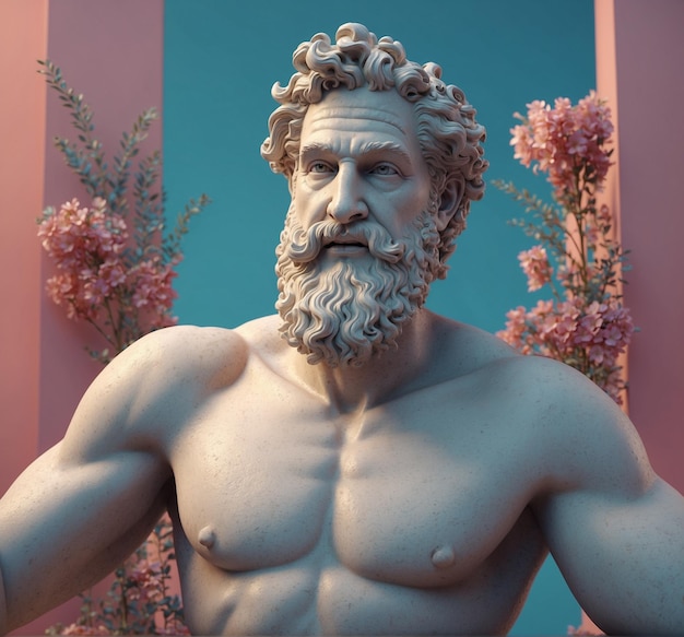 a statue of a man with a beard and a pink background