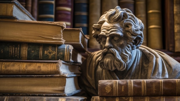 a statue of a man with a beard next to a stack of books