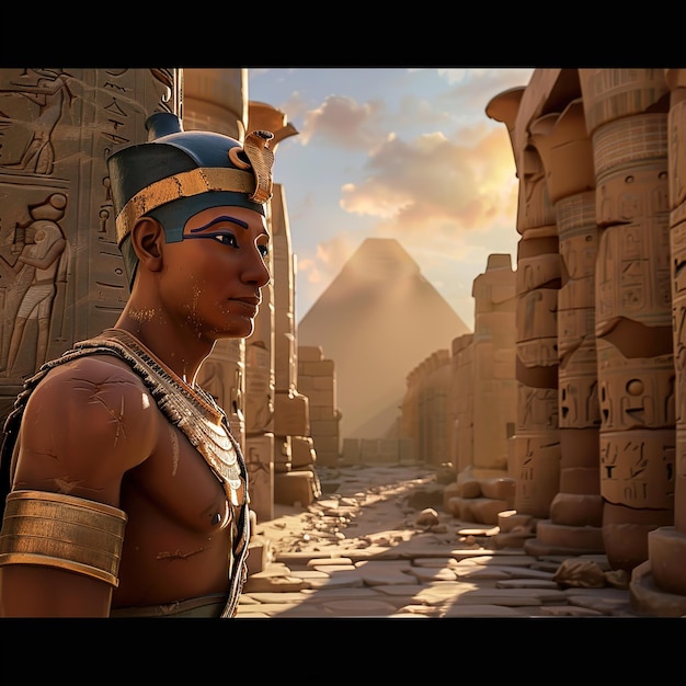 Photo a statue of a man with a blue hat and a blue headdress stands in front of a building with a pyramid in the background