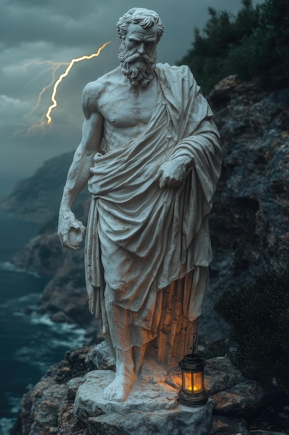 Photo a statue of a man with a lightning bolt in the background