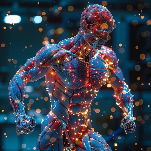 a statue of a man with lights around his body