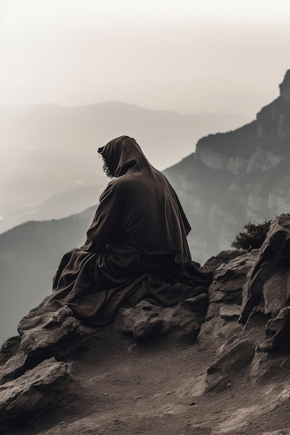 A statue of a monk sits on a cliff overlooking a mountain range.