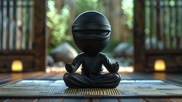 a statue of a ninja sitting on a wooden table in a forest