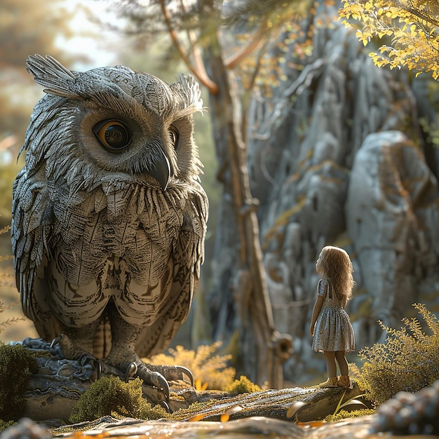 a statue of an owl and a woman standing in front of a mountain