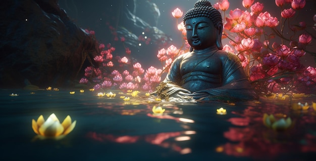 A statue in a pond with flowers and a buddha statue in the background