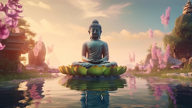 A statue in a pond with a pink sky and a pond with a buddha statue in the foreground.