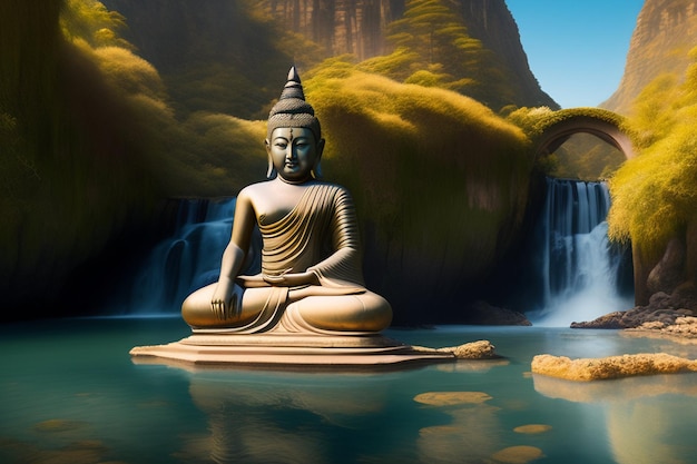 A statue in a pond with a waterfall in the background