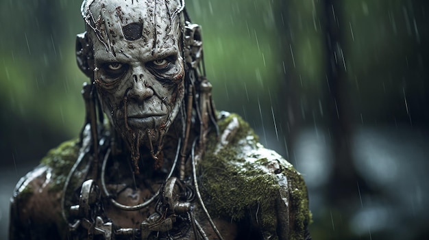 A statue of a predator stands in the rain.