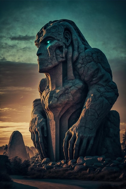 A statue of a predator with blue eyes and a yellow sky in the background.