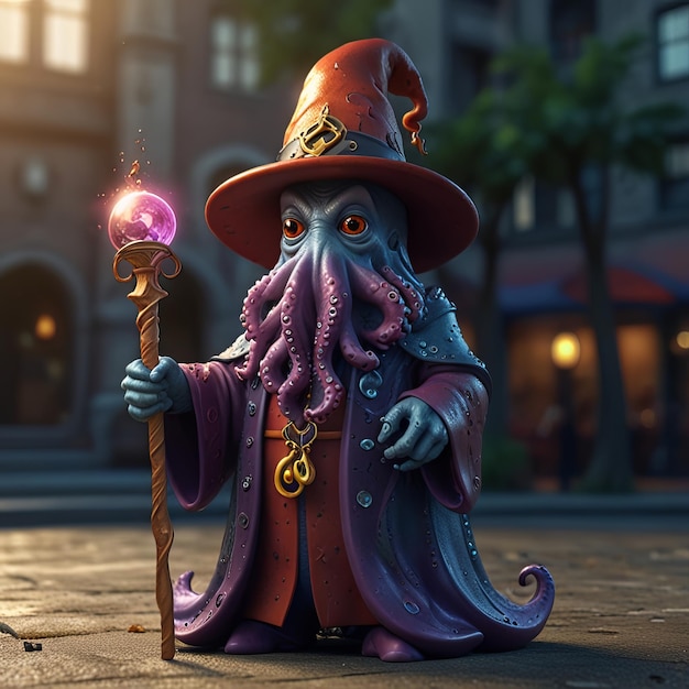 a statue of a purple octopus with a magic wand AI Generated