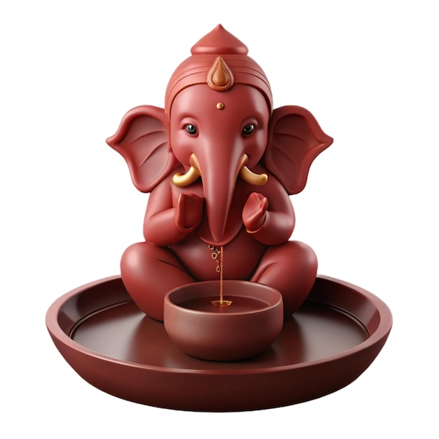 Photo a statue of a red elephant drinking water from a bowl