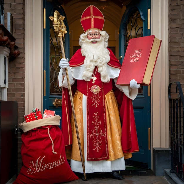 Photo a statue of santa is holding a book with a red cover ai generative