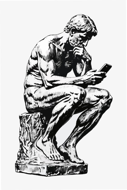 Photo statue of the sculptor rodin thinker with a smartphone in his hands