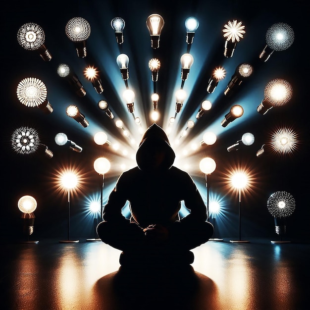 Photo a statue sits in front of a light with the words buddha