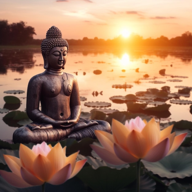 A statue sits in a pond with water lilies and the sun is setting.