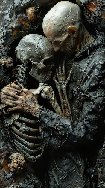 a statue of a skeleton is being held by a man in a black suit