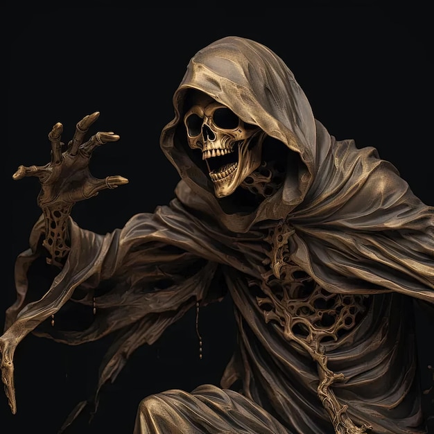 Photo a statue of a skeleton wearing a hooded robe