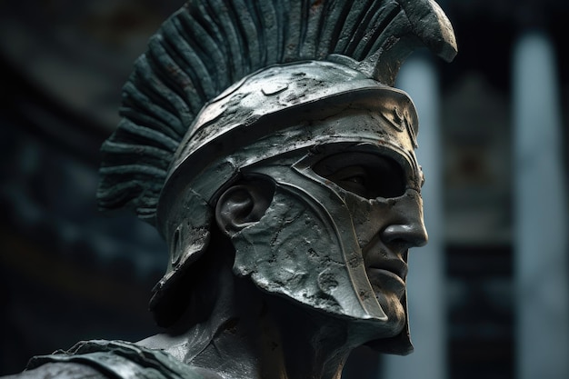 A statue of a spartan with a helmet on it