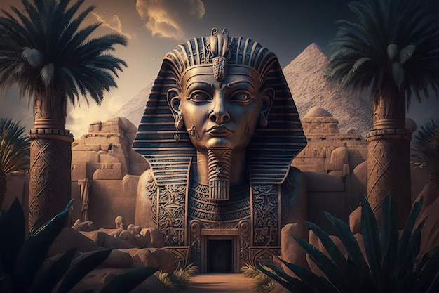 A statue of a sphinx in front of a mountain.