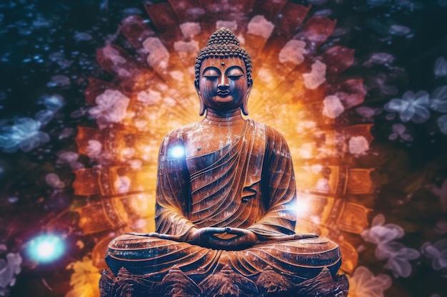 Statue of Spiritual Teacher Buddha in Calm Rest Pose with Shining Light on a dark background Generative AI