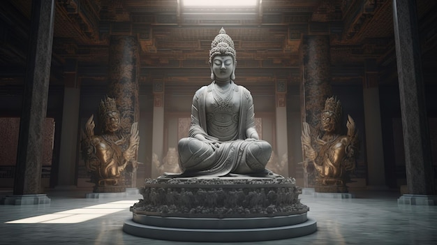 A statue in a temple with the word buddha on it