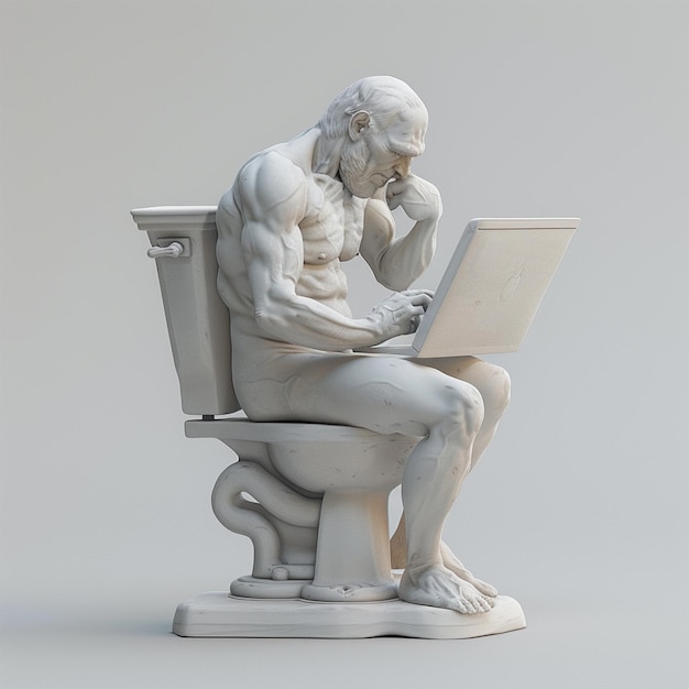 Statue of Thinker with Laptop in Bathroom