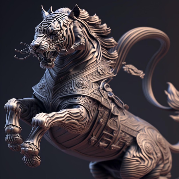 A statue of a tiger with a sword on its back