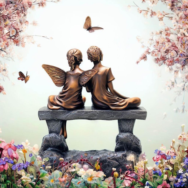 a statue of two angels sitting on a bench