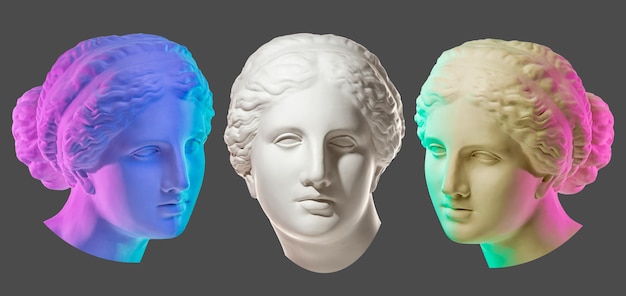 Statue of Venus de Milo. Creative concept colorful neon image with ancient greek sculpture Venus or Aphrodite head. Isolated on a black background. Webpunk, vaporwave and surreal art style.