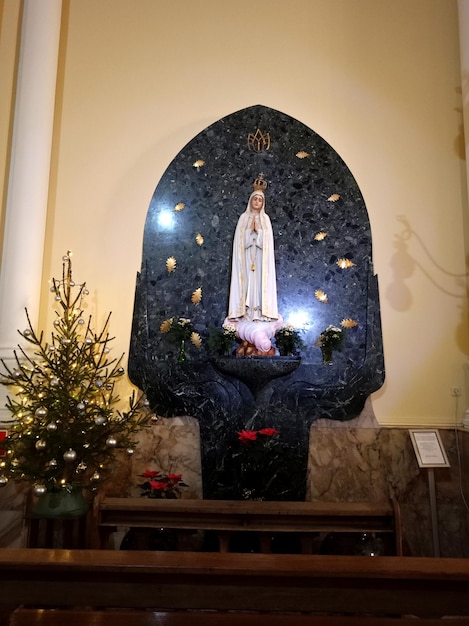 Statue of the Virgin Mary and decorated Christmas tree